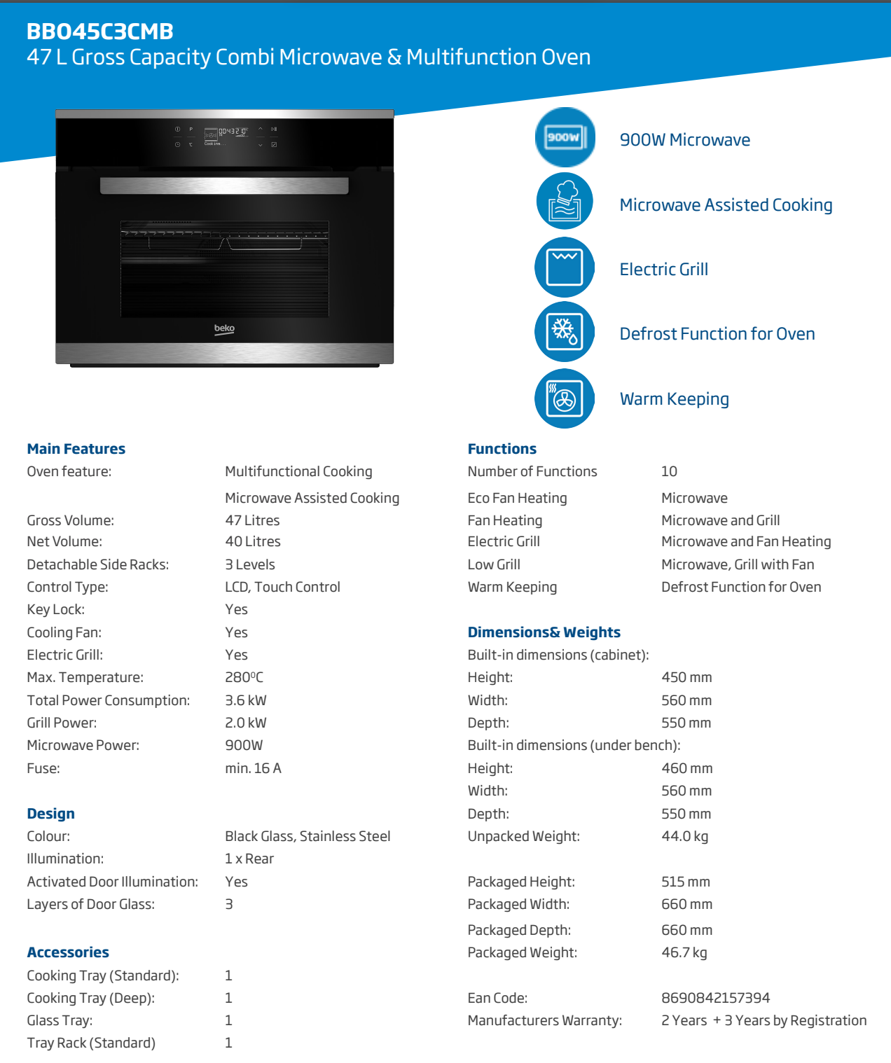 Beko Built In Microwave And grill 47L BBO45C3CMB